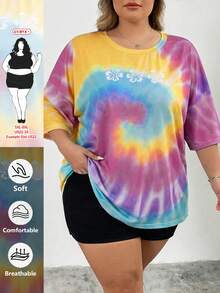 SHEIN CURVE+ Curve 尺码 US22 音乐节、海滨度假、波西米亚夏季休闲扎染圆领落肩宽松T恤 - 彩色 - 查看 2