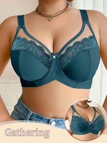 DesireSculpt 1件大码女士纯色撞色蕾丝时尚钢圈文胸 - 藍色 - 查看 6