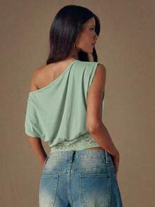 SHEIN BAE 黑色针织蕾丝拼接斜肩时尚女式上衣，秋冬款 - 薄荷綠 - 查看 2