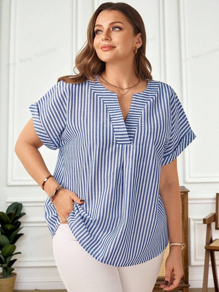 Plus Size Women's Summer Casual Vacation Country  Blue & White Striped Patchwork  V Neck Short Sleeve Blouse Top Shirt,Summer\Vacation,Summer Holiday,Spring Break Outfits ,Vacation Outfits Women ,Holiday Outfits For Women,Going Out Outfits,2026 New Clothes,Simple And Fashionable For Everyday Wear,Suitable For Summer, Vacation, Daily Wear, Women Summer Shirts, Summer Casual Tops, Blouses For Women Summer