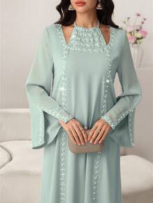 Yasmyna 优雅花卉蕾丝领结喇叭袖连衣裙，春夏款 - 薄荷綠 - 查看 8