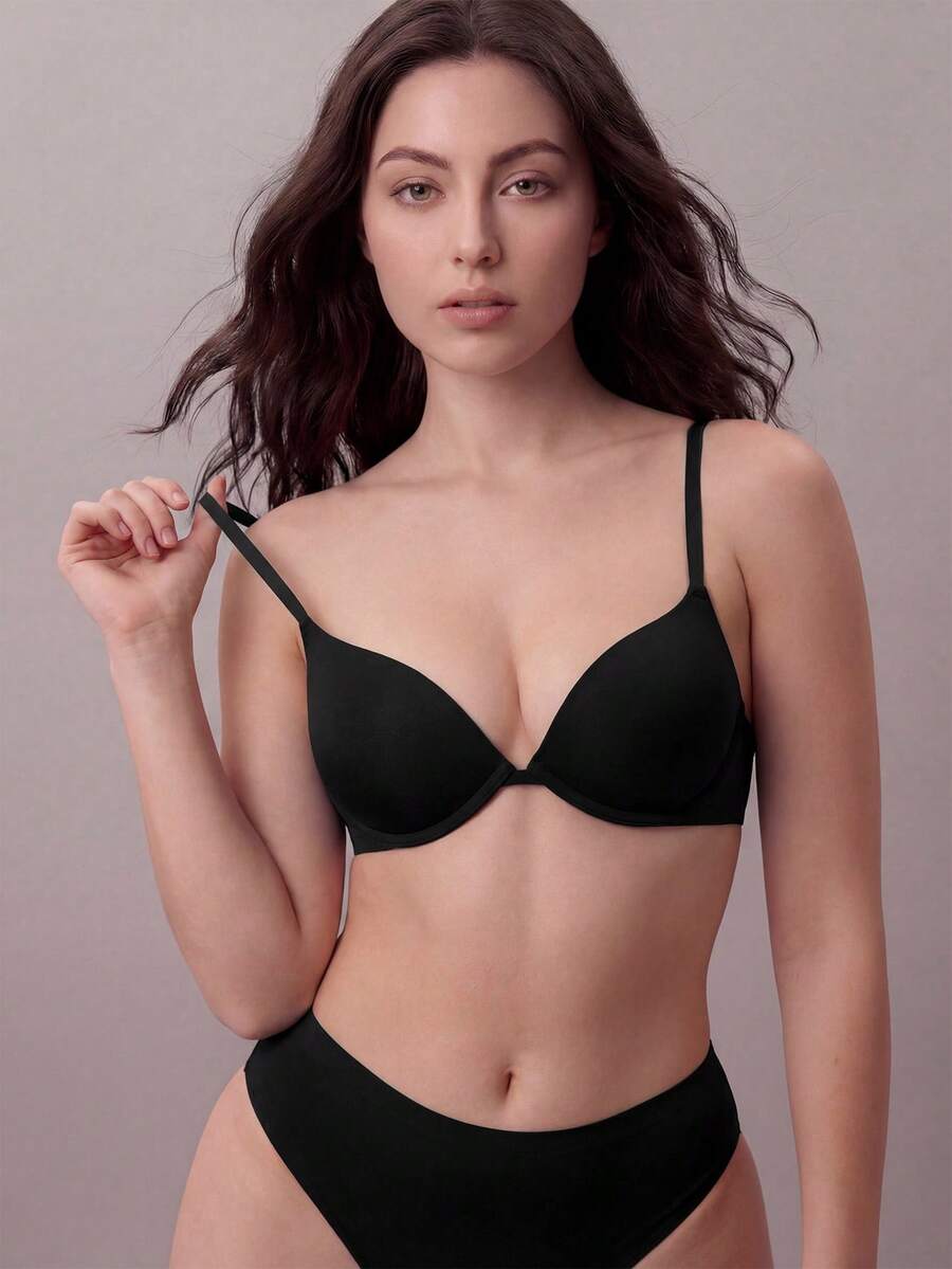 Leisure Solid Underwire Microfiber Push Up Bra - Black - View 1