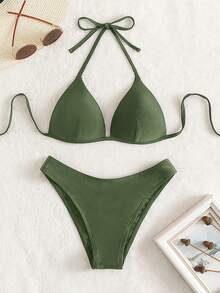 Swim Basics Set Bikini Wanita Model Halter Neck dengan Tali Pengikat, Gaya Cup Keras, Untuk Pantai & Tepi Laut - Hijau Tentara - View 5