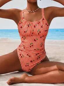 Swim Mod Women's Plaid Cherry Print One-Piece Swimsuit, Suitable For Beach Vacation, Pool Party, Beach Party - Red - View 4