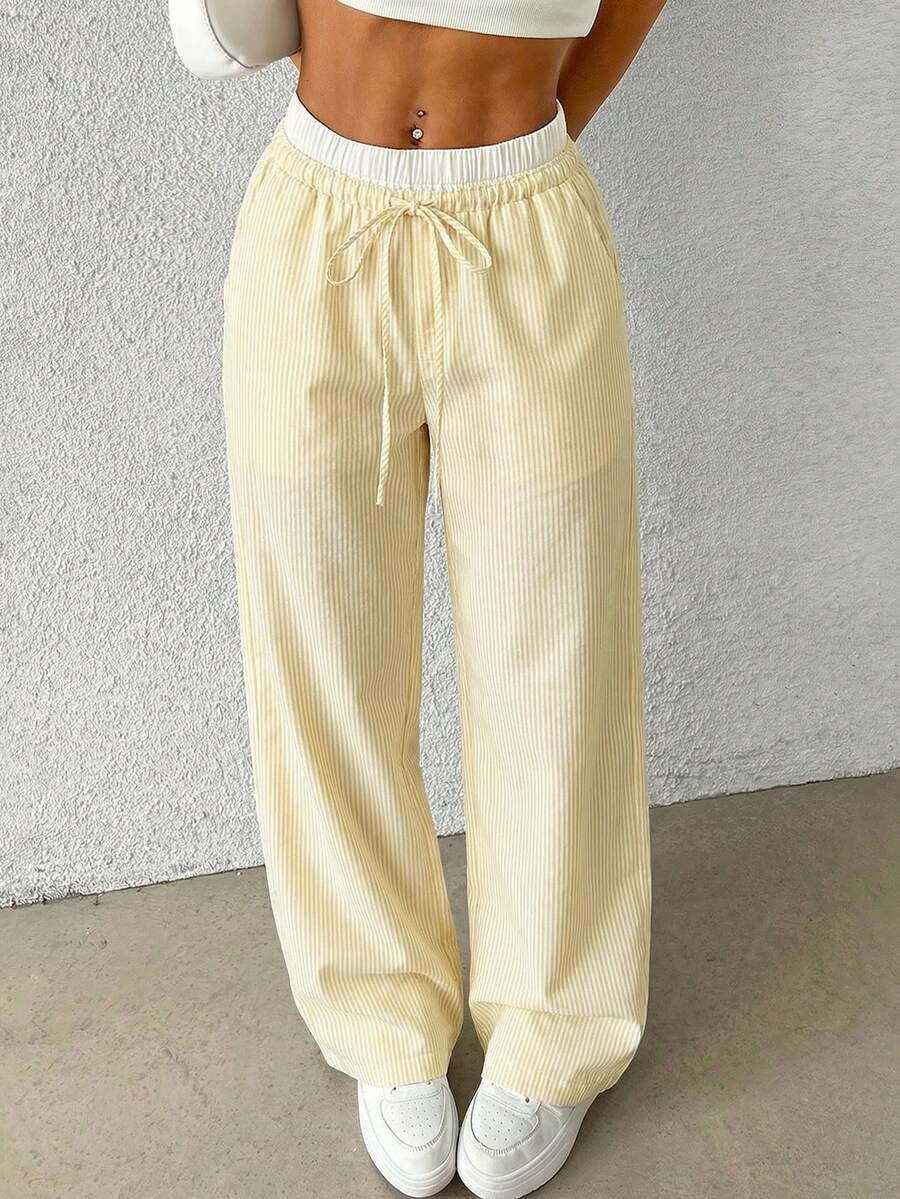 SHEIN EZwear Pantalones de mujer tejidos a rayas amarillas - Amarillo - Ver 1