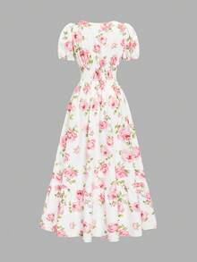 Elenzga Women's Fashionable Elegant Square Neck Waist Cinched All-Over Print Dress - Multicolor - View 3