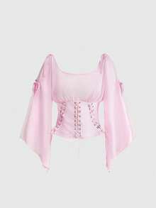ROMWE Kawaii Blusa de mujer con parches de gasa y satén, manga asimétrica, cinturón, elegante y casual para vacaciones - Rosa - Ver 5