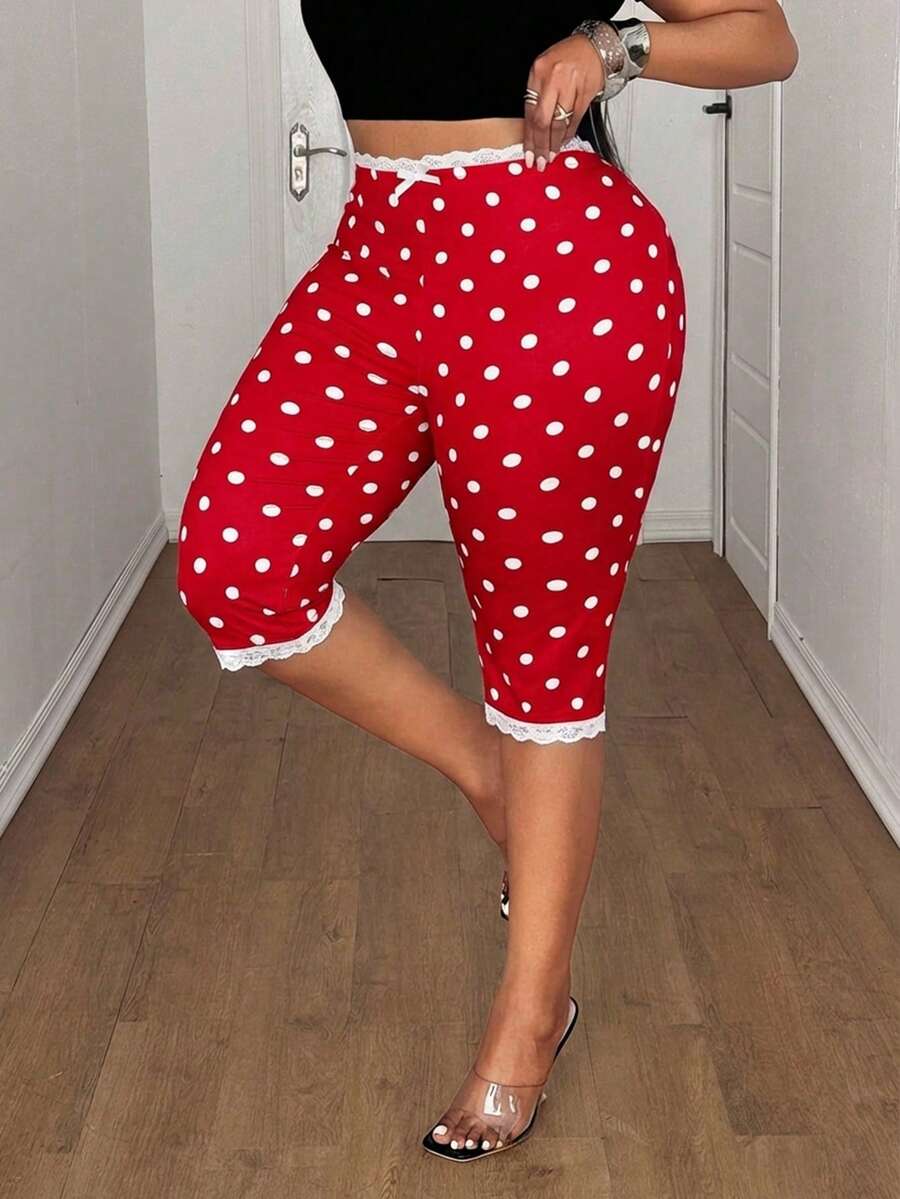Maweii Plus Size Women Lace Trim Bow Decor Polka Dot Casual Versatile Daily Wear Skinny Capri Leggings - Red - View 1