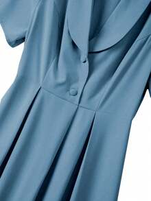 GlowEve CURVE Plus Size Women's Dusty Blue Summer Elegant Festa A-Line Dress,Short Sleeve Round Neck Button Decor Waist Office Dress,Graduation Prom Wedding Party - Dusty Blue - View 5