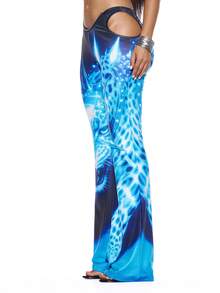 MUSERA Quần ống loe in họa tiết cắt xẻ, điểm nhấn dây xích, gợi cảm, thích hợp cho mùa hè, mùa xuân, lễ hội, kỳ nghỉ, tiệc tùng, đi chơi. - Màu xanh lam - Xem 3