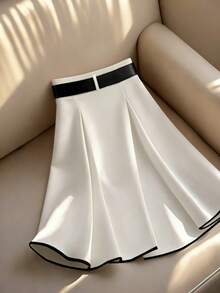 Franclia Women's White And Black A-Line Skirt With Belt,Summer Elegant Office Commuter Minimalist Versatile Metal Buckle Waist Elegant Skirt Skirt For Women - Black and White - View 2