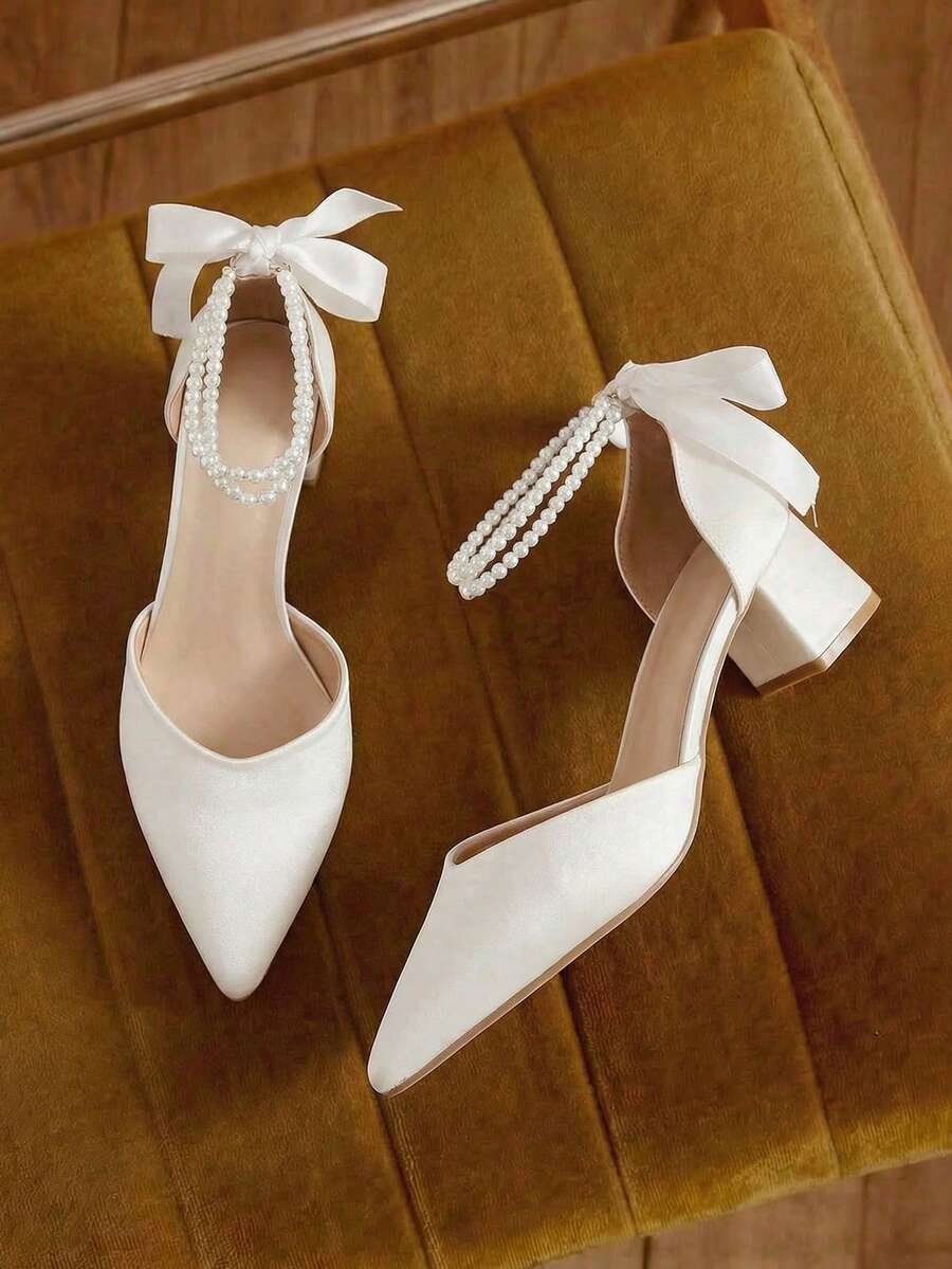 珍珠蝴蝶结装饰粗跟镂空鞋，优雅，适合派对、婚礼等场合。 - 白色 - 查看 1