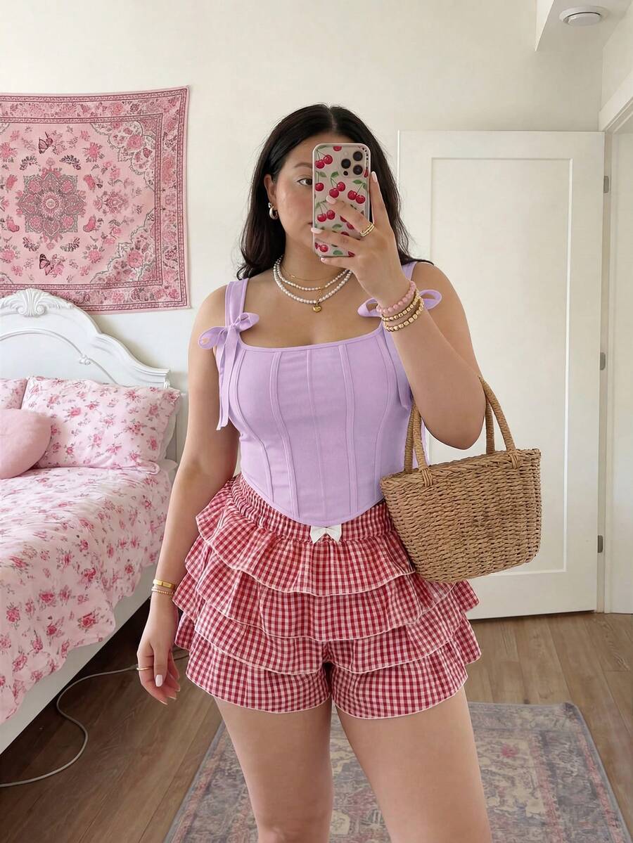 SHEIN MOD Plus Size Bow Front Tie Sleeveless Bodycon Crop Top - Purple - View 1