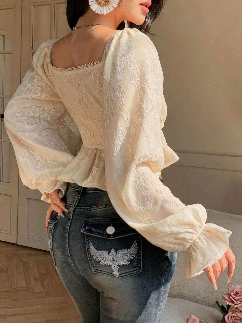 Beige Hollow Lace Blouse,Women's Front Tie Short Crop Top,Effortless Chic Summer Night Out Fitted Shirt,Fashionable For Party,Wedding,Music Festival