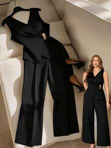 Franclia 大码女士优雅纯色系带吊带背心和宽松长裤两件套，修身连体裤，大码连体裤，大码女装两件套，大码女式裤装，大码两件套服装，职业装，修身女装，高挑女装，办公室职业装，大码女式连体裤，大码女式裤装，大码女式正装，大码女式正装套装，优雅大码连体裤 - 黑色 - 查看 6