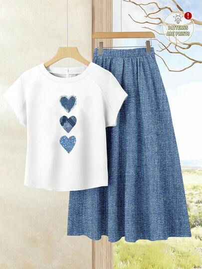 Rusticease 2pcs/Set Women's Blue Heart Pattern Vacation Casual Top + Blue Skirt Outfit - Summer Boho Skirt And Top Set For Beach, Cruise, Music Festival, Concert, Wedding Guest, City Trip, Island Wear & Country