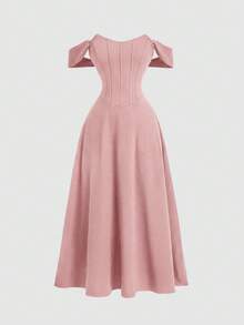 SHEIN MOD 女士复古黑色鱼骨纹无袖连衣裙，适合春夏穿着，可作晚礼服、正式礼服、舞会礼服、黑色长裙、伴娘礼服、返校节礼服、文艺复兴风格连衣裙、复古连衣裙 - 粉色 - 查看 2