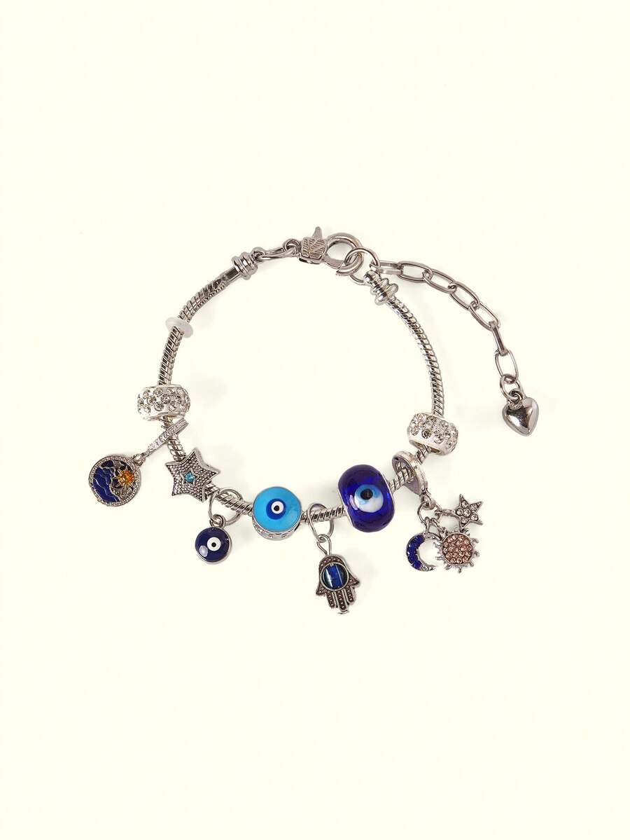 Popjeli 1 chiếc vòng tay mắt quỷ tự làm, vòng tay bàn tay Phật, vòng tay sao và mặt trăng, vòng tay tự làm cổ điển thời trang - Màu Bạc Cổ - Xem 1