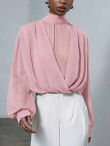 Aveloria Modichic Chocolate Brown Mock Neck Sheer Blouse, Lightweight Chiffon Fabric, Wrap Front Design, Oversized Puff Sleeves, Versatile Wear, Suitable For Commute, Date, Party, Urban Semi-Formal Outfits - Pink - View 6