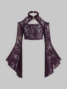 Gothic Palace Style Flare Sleeve Sheer Lace Cutout Cropped Halter Top - Purple - View 5