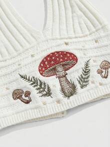 ROMWE Áo len nữ dệt kim đính cườm thêu hình nấm theo phong cách nghỉ dưỡng Hippie - Màu be - Xem 3