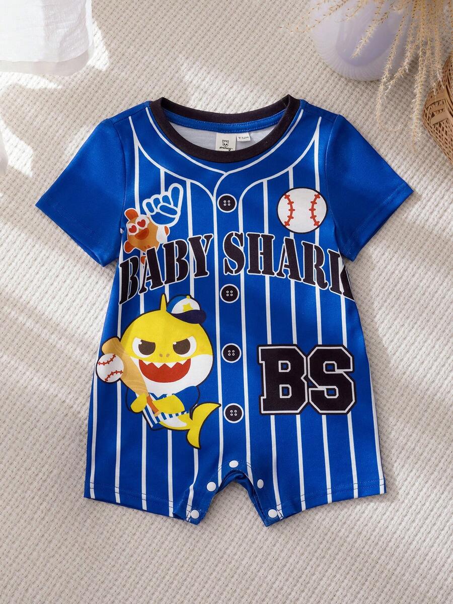 BABY SHARK X SHEIN Bộ áo liền quần ngắn tay cổ tròn in họa tiết cho bé trai, kiểu dáng thường ngày, thích hợp cho mùa hè. - Màu xanh lam - Xem 1