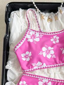 SHEIN Conjunto de Maiô Bikini Floral Ditsy para Meninas Pré-Adolescentes, Tom Rosa, Padrão Floral Fofo, Roupa de Banho de 2 Peças, Elegante, Minimalista, Estilo Doce, Adequado para Férias na Praia, Festa de Natação, Festa na Piscina - Rosa chiclete - Visão 3
