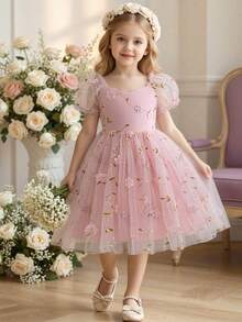 SHEIN Glamorique Kids 年轻女孩优雅迷人粉色可爱泡泡袖收腰奢华双层刺绣网纱蓬蓬裙 - 粉色 - 查看 12