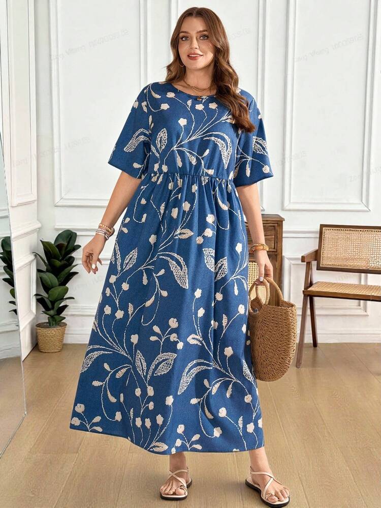 Plus Size Women's Summer Casual Vacation Country Short Sleeve Waist Pleated Side Pockets Blue Floral Print Loose Long Dress, Suitable For Spring/Summer Music Festival Bohemian Style,Spring/Summer,Summer/Vacation,Summer Holiday,Spring Break Outfits ,Vacation Outfits Women ,Holiday Outfits For Women,Going Out Outfits,2026 New Clothes,Simple And Fashionable For Everyday Wear,Suitable For Summer, Vacation, Daily Wear,Suitable For Summer, Vacation, Daily Wear,Dresses For Women,Flowy Dress ,Beach Outfits For Women,Casual Vacation Boho Dress,Summer Dresses, Country Women's Summer Dresses,Casual Dresses For Women,Nautical Dresses For Women,Country Concert Outfit