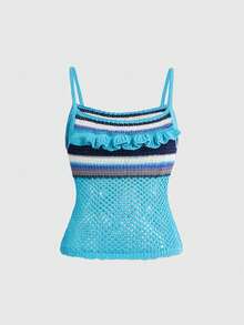 ROMWE Avant Island Resort Style Knitted Crochet Hollow Ombre Blue Women Sweater - Blue - View 4