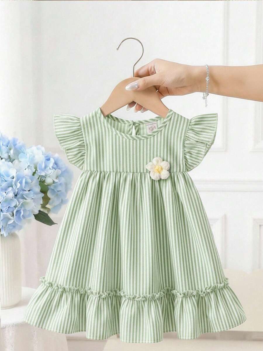SHEIN Đầm bé gái kẻ sọc nhiều màu sắc, viền hoa, kiểu dáng thường ngày dễ thương với họa tiết hoa 3D, thích hợp cho mùa xuân/hè. - màu xanh lá - Xem 1