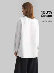 Ontre 2026春夏新款女士白色裹身式纯色立领长袖简约衬衫，不对称剪裁，休闲商务办公女装 - 白色 - 查看 2