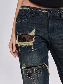 ROMWE Quần jeans ống côn phong cách Punk Y2K cổ điển, rách rưới, phối ren và đinh tán. - Màu xanh lam - Xem 2