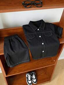 SHEIN 两件套男童休闲时尚舒适简约百搭宽松柔软短袖衬衫短裤套装，适合春夏、日常、运动、郊游、上学、聚会、节日、摄影等场合，韩版风格 - 彩色 - 查看 3