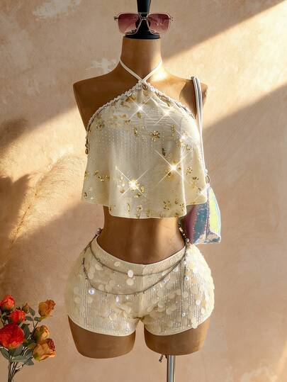 Soleia Áo hở lưng cổ yếm thêu sequin dành cho nữ, thích hợp cho kỳ nghỉ biển.