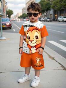 SHEIN Set de 2 piezas con diseño de dibujos animados de cuello redondo y manga corta para niño pequeño, apropiado para el verano - Multicolor - Ver 1