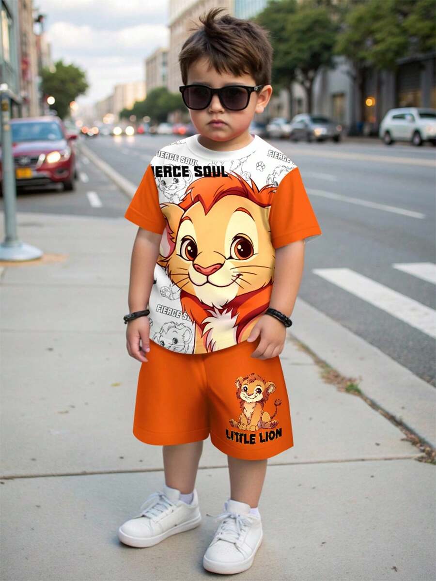 SHEIN Set de 2 piezas con diseño de dibujos animados de cuello redondo y manga corta para niño pequeño, apropiado para el verano - Multicolor - Ver 1