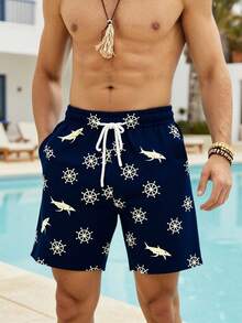 ZELFYO Shorts de playa con estampado y cordón para hombre - Negro - Ver 6