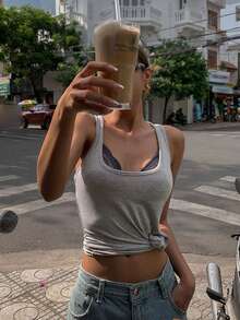 DAZY Áo tank top và áo hai dây dành cho nữ - Xám - Xem 5