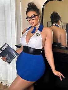 Fantasy Costume 2pcs Navy Themed Sexy Lingerie, Plus Size - Blue and White - View 1