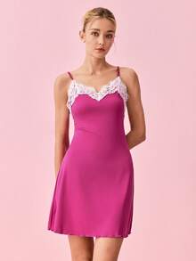 Bonmuse Áo ngủ hai dây gợi cảm viền ren dành cho nữ - Màu Hồng Tươi - Xem 4