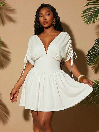 Radiana Plus Size Women's Spring/Summer Fashionable Casual Sexy Elegant Vacation Series Drop Shoulder Drawstring Waist Ruffle Hem Mini Dress, Suitable For Everyday Wear, Music Festival, Versatile, Coachella, BOHO, Bohemian, Outing, Resort, Beach Vacation, Holiday, Seaside, Western Wear, Concert, Carnival Party, Richly Layered, Date Night, Ibiza, Nashville, Break, Modest, Chic, Club, Cute, Casual, Shopping, Streetwear, Going Out, , Easy To Match & Looks Slim, Accent Your Body, Flatter The Figure Yisikado