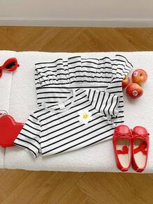 SHEIN Đầm cổ tròn họa tiết trái tim kẻ sọc dành cho bé gái - Đen và trắng - Xem 5