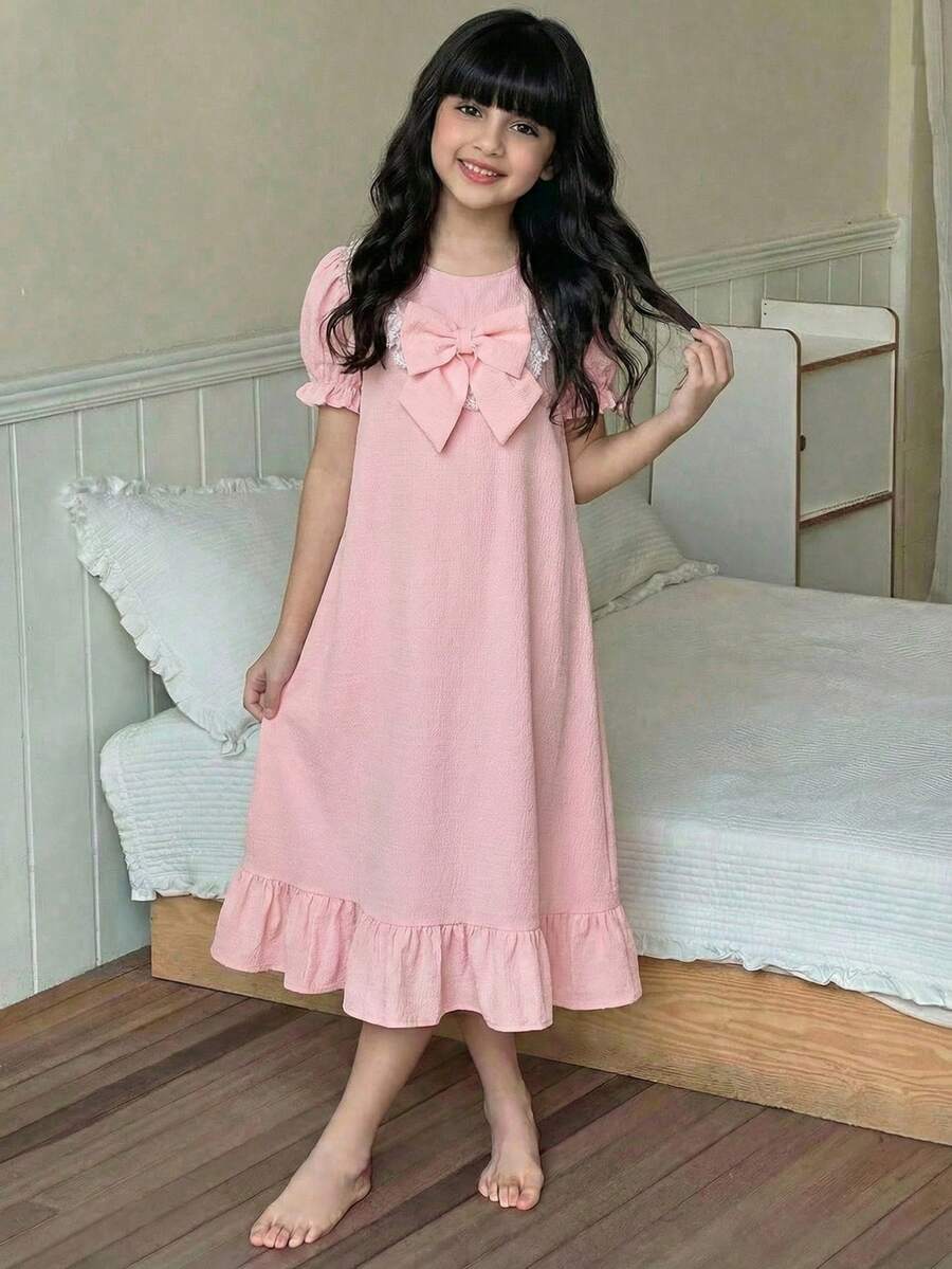Vestido holgado y cómodo de manga abullonada con cuello redondo, lazo decorativo y estilo minimalista casual para niñas preadolescentes - Rosa vieja - Ver 1