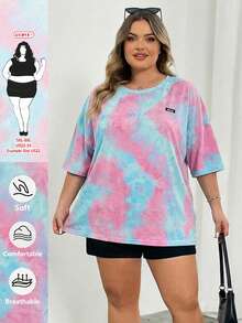 SHEIN CURVE+ Camiseta de manga corta con cuello redondo y estampado de teñido anudado en talla grande para mujer, para el verano - Multicolor - Ver 2