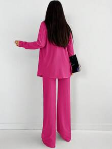 EURMUSE Tall 高个女式休闲三件套/套装 粉色纯色落肩长袖衬衫、露脐上衣和高腰裤 春夏套装 - 粉色 - 查看 2