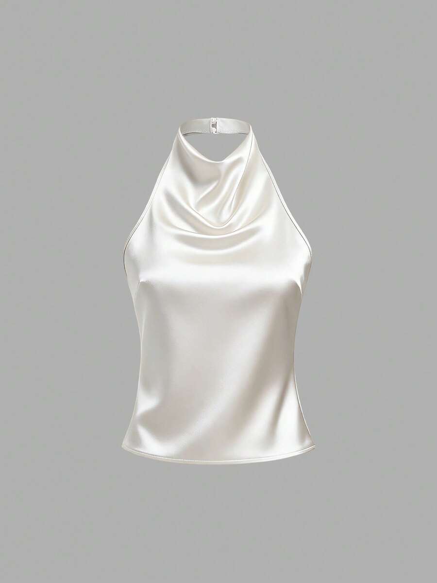 Sweetra Blusa de unicolor con cuello halter, versátil para uso diario - Blanco - Ver 1