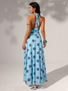 Optris Đầm maxi nữ màu xanh chấm bi, chất liệu lưới, cổ chữ V, hở lưng, xếp ly eo, kiểu dáng chữ A, thanh lịch và gợi cảm, thích hợp cho kỳ nghỉ hè, đi biển, Hawaii, mặc thường ngày, hẹn hò hoặc mặc hàng ngày. - Màu xanh lam - Xem 2