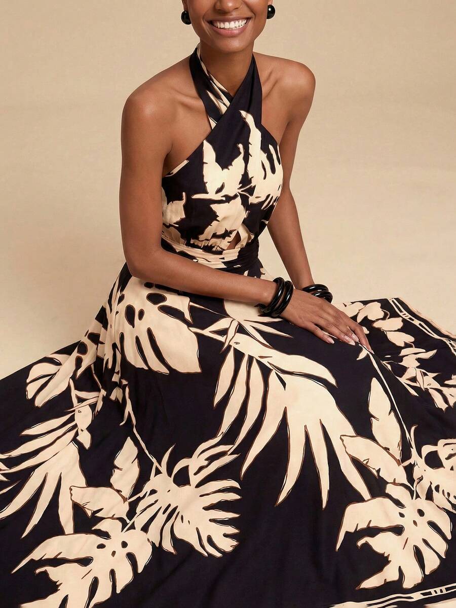 Travachic Vestido casual de vacaciones sin mangas con cintura anudada y bordado, nuevo para primavera/verano 2026 para mujeres - Negro - Ver 1