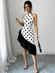 Elenzga Sleeveless Asymmetrical Hem Elegant Sexy Women Dress - White - View 3